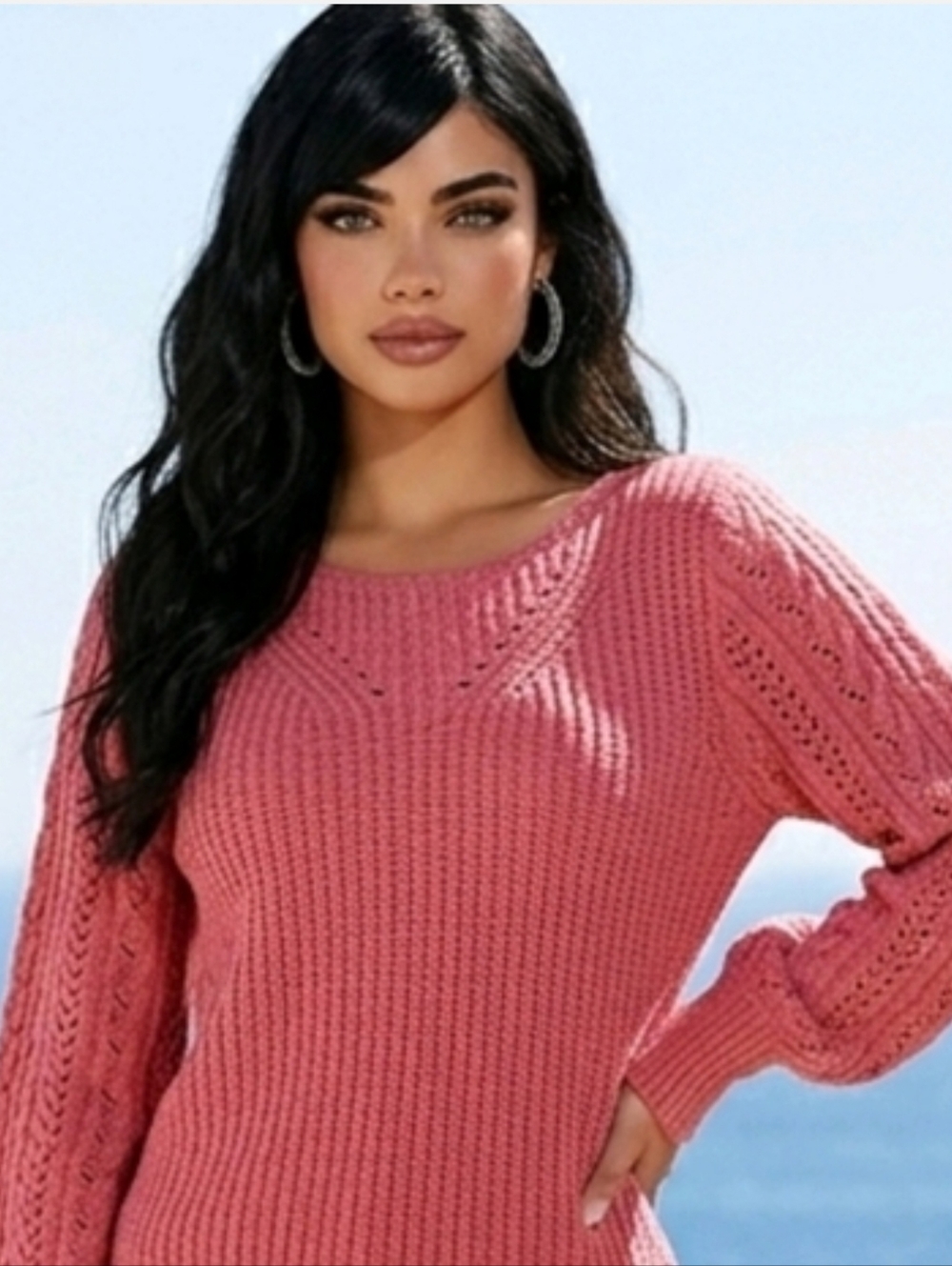 Maurices Peach Ribbed Knit Sweater S Puff Bubble Sleeves Pointelle V-Neck